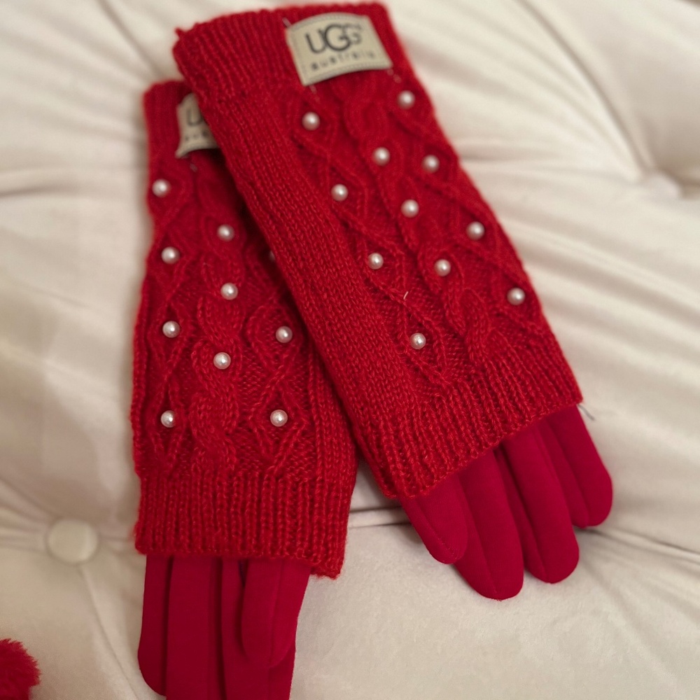 UGG Fire Engine Red Women's Gloves with Pearl Details